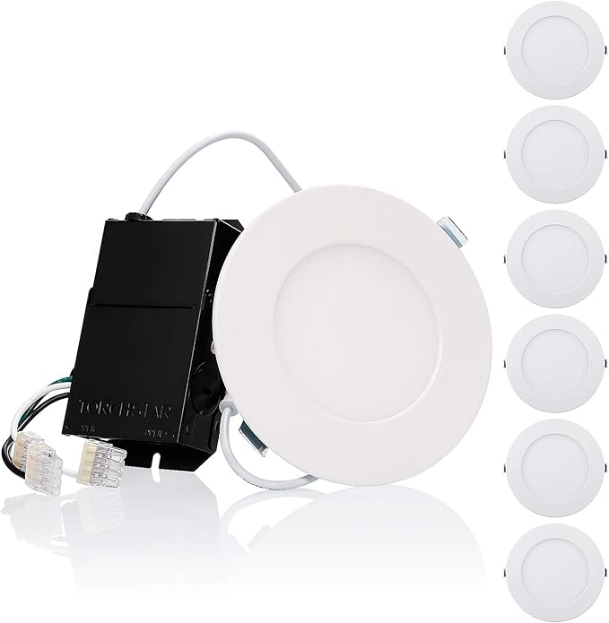 TORCHSTAR Premium Series 4 Inch Ultra-Thin LED Recessed Light with Junction Box, 10.5W Dimmable LED Canless Recessed Ceiling Lights Slim, ETL & ES Listed, CRI90, 5000K Daylight, White, Pack of 6