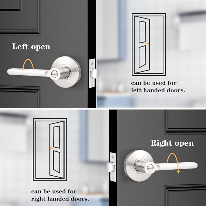 Probrico Satin Nickel Privacy Door Levers, Flat Interior Bath/Bed Door Handles, Reversible for Right & Left Handed Bedroom/Bathroom Doors, 6 Pack