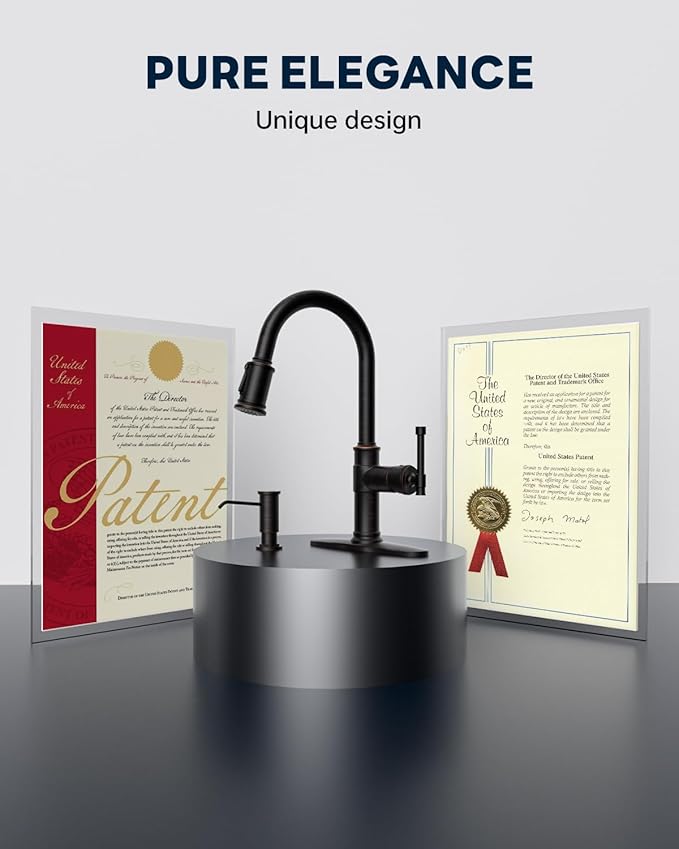 Antique Oil Rubbed Bronze Kitchen Sink Faucet with Soap Dispenser, DAYONE Pull Down Farmhouse Faucet for Sink with 3 Mode Sprayer, Single Handle High Arc, DAY-APS136-ORB