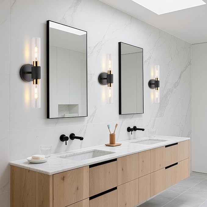 Modern Knurled Texture Wall Sconce Clear Glass Shade Modern Gold Black Bathroom Vanity Light Fixtures 2-Lights Mid Century Wall Light for Mirror Living Room Hallway E26 T10 Bulbs(Excluded)