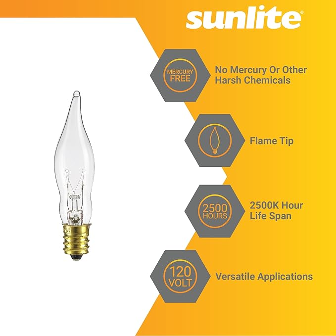 Sunlite 40001 Incandescent Petite Flame Tip Chandelier Light Bulb, 7 Watts, Candelabra Base (E12), Dimmable, for Chandeliers, Sconces, Fixtures, 12 Count