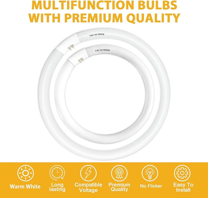 FC16T9/WW 40 Watt and FC12T9/WW 32W Set, 2700K Soft White, 16'' T9 40W Circline Light Bulbs, 12 inch 32 Watt Circular Fluorescent Tube, Round Fluorescent Bulb CRI 82, 5700 Lumen G10q