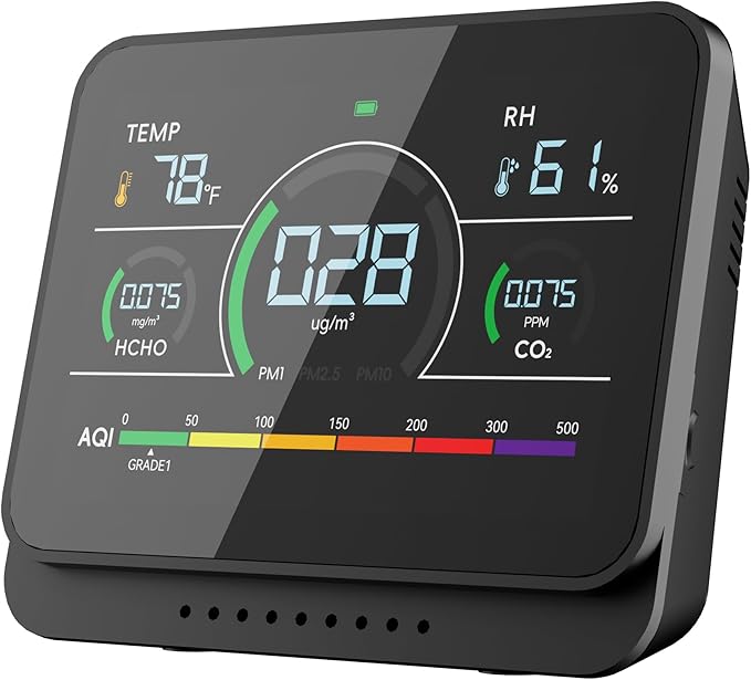 13-in-1 Air Quality Monitor Indoor with Beep Alarm, 6AQI Air Quality Detector with PM1.0 | PM2.5 | PM10 | Temp | CO2 | Formaldehyde | HUM Tester for Home Office Plant (Cool Black)