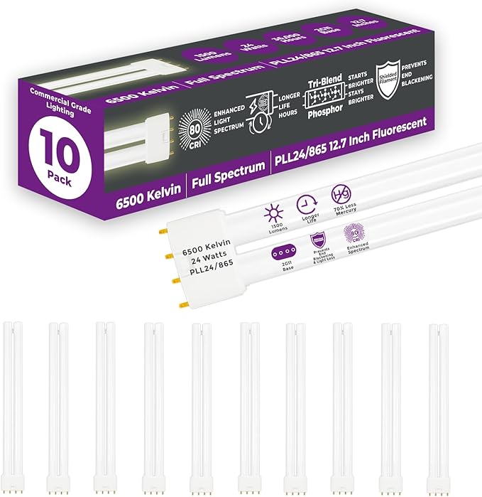 GoodBulb PLL24/865 | 24W 12.7" Twin Tube Compact Fluorescent Light Bulb | 4-pin 2G11 Base 6500K Full Spectrum 1500 Lumen | 36000 Hour Long Life Biax | Pack of 10