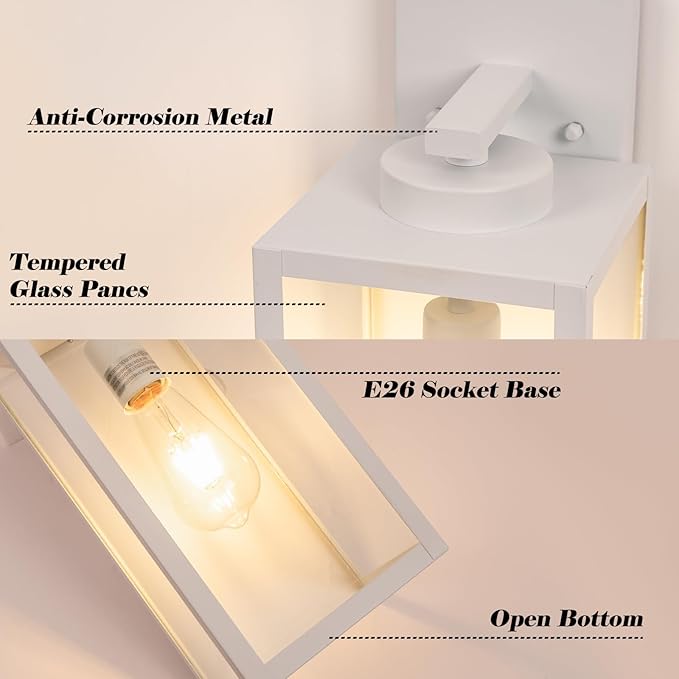 16-inch Large Outdoor Wall Light Fixture, White Exterior Wall Lantern Waterproof, Farmhouse Porch Sconce Lighting with Glass, Modern Outside Lights for House, Garage, Patio Lamp, 2 Packs