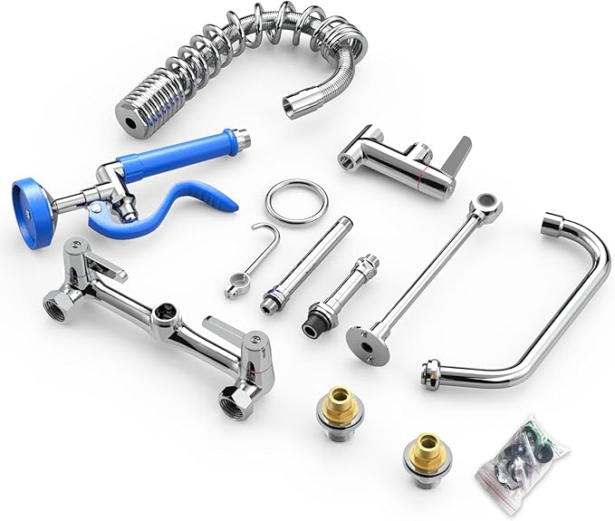 Commercial Faucet with Sprayer for Kitchen Staff : Akwadu Wall Mount Commercial Faucet with Pre Rinse Sprayer 8" Center - 21 Inch Pre Rinse Faucets with 8" Add-On Swing Spout for Dishwashers