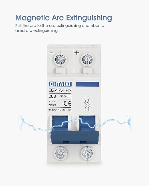 DC Miniature Circuit Breaker, 2 Pole 500V 63 Amp Isolator for Solar PV System, Thermal Magnetic Trip, DIN Rail Mount, Chtaixi DC Disconnect Switch C63