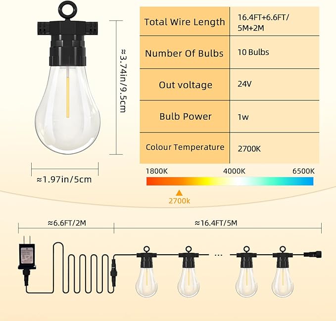 LED Outdoor String Lights with 10 Shatterproof Edison Bulbs, 23FT Commercial Grade Patio Lights, Replaceable Wick Outside Hanging Lights Waterproof for Porch, Deck, Garden, Backyard 2700K