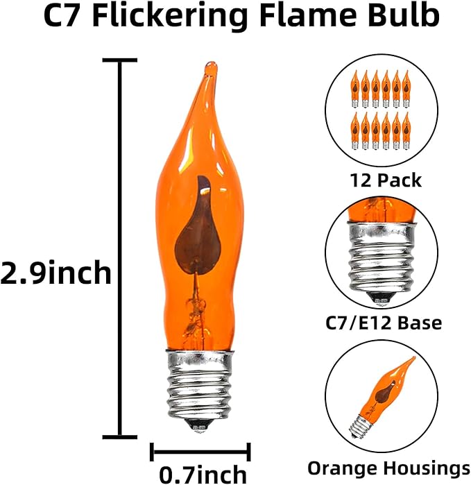12 Pack C7 Orange Flame Light Bulbs Flickering Orange Light Bulb for Halloween Fall Decor for Home Fireplace Chandelier Electric Candles & Fall Halloween String Light Bulbs Replacement, E12 Base, 1W