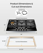 FOTILE GLG36501 36” Black Tempered Glass 5-Burner Gas Cooktop, Tri-Ring 18,000 BTUs Left Burner with Flame Failure Protection Removable Grates and Installation/LP Kit