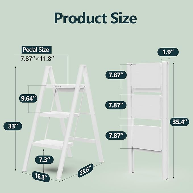 WOA WOA 3 Step Ladder, Folding Step Stool with Wide Pedals, Compact Stepping Stool for Kitchen, Sturdy Steel Ladders with Anti-Slip Feet, Supports up to 330 lbs - White