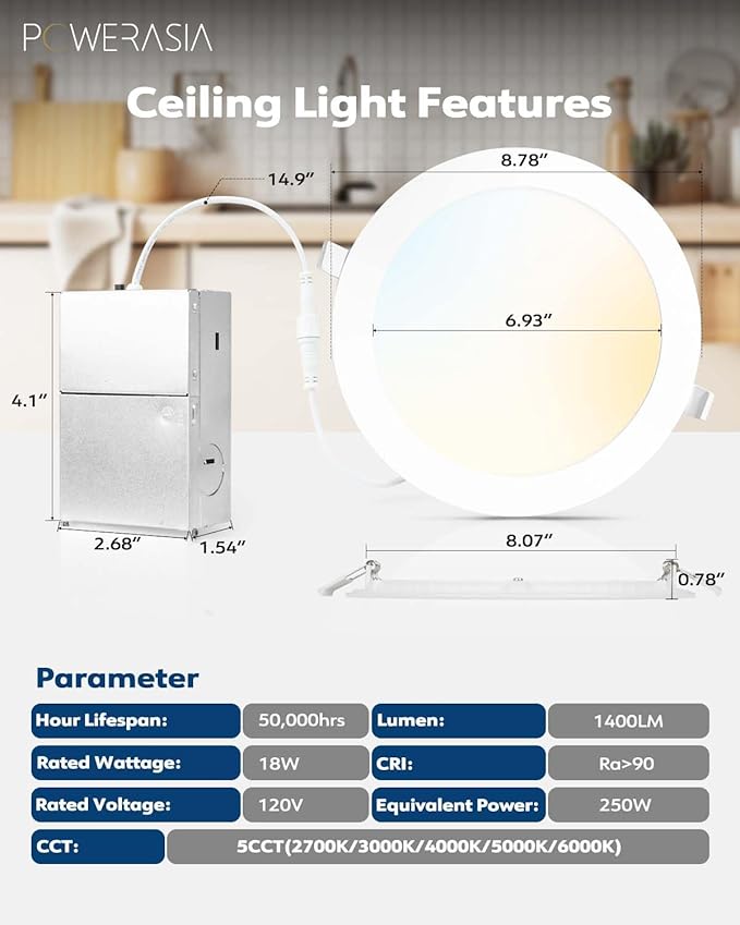 2 Pack Recessed Lighting 8 Inch with Junction Box, 5CCT 8 Inch LED Recessed Lights Dimmable 2700K/3000K/4000K/5000K/6000K, 18W 1400lm Ultra Thin Recessed Lighting - ETL and Energy Star Certified