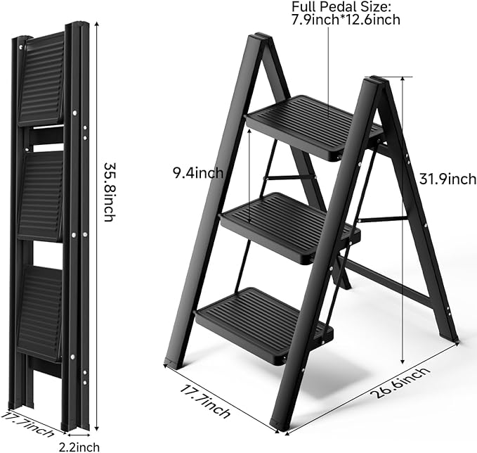 Step Ladder 3 Step Folding, Small Step Stool for Adults, Portable Anti-Slip Iron Stepladder with Wide Pedals for Home and Kitchen Use, Space Saving - Black (300 lbs)