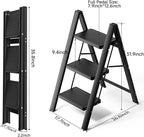 Step Ladder 3 Step Folding, Small Step Stool for Adults, Portable Anti-Slip Iron Stepladder with Wide Pedals for Home and Kitchen Use, Space Saving - Black (300 lbs)