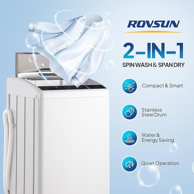 ROVSUN 25LBS Portable Washing Machine, Full-Automatic Electric Laundry Machine with Stainless Steel Drum, Compact Washer and Spin Dryer Combo with Drain Pump for Home, Apartment, Light Grey