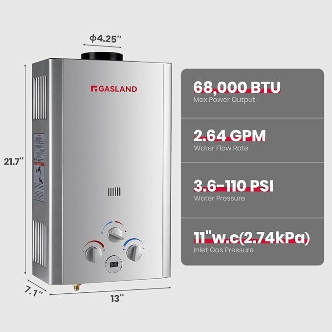 GASLAND 2.64GPM Tankless Water Heater Propane 10L, Outdoor Propane Camping Hot Water Heater, Overheating Protection, Easy to Install, Use for RV Cabin Barn Camping Boat, Silver, BE264S