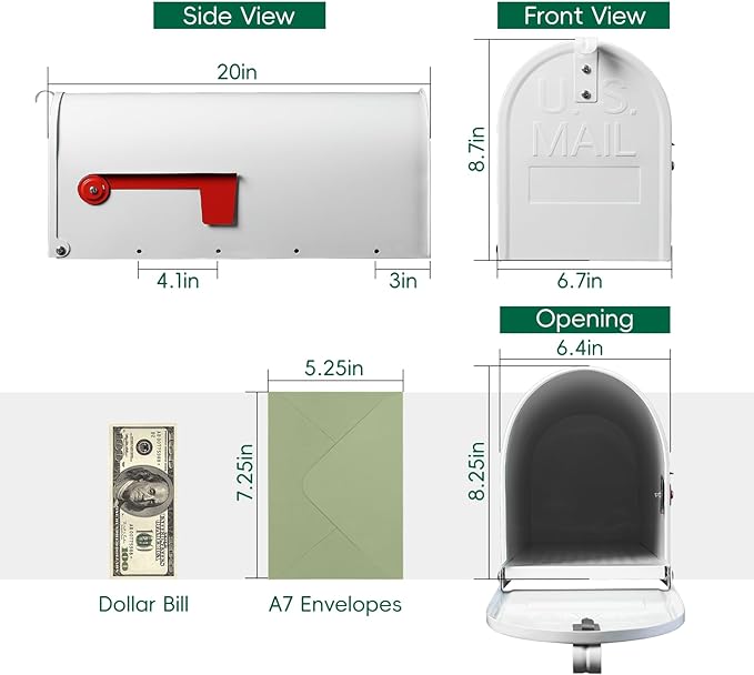 White Mailboxes for Outside Post Mount, Galvanized Steel Metal Mailbox, Standard Size, 20 x 8.7 x 6.7 Inches