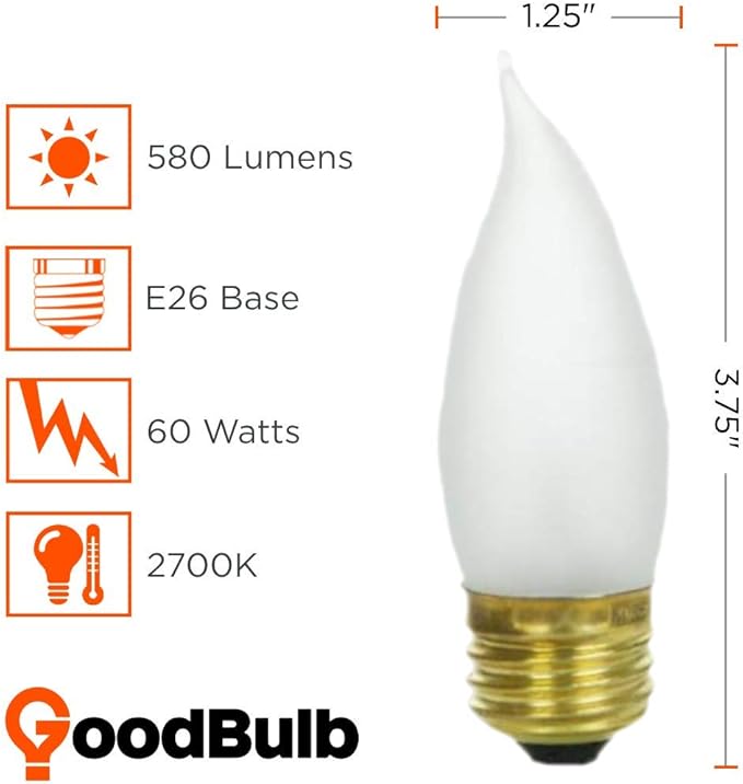 GoodBulb 25 Watt Flame Tip Light Bulbs CA10 Frosted Finish Medium E26 Base 2700K Soft White EFF Dimmable 25W 175 Lumens Decorative Chandelier Bulbs Incandescent (Pack of 12)