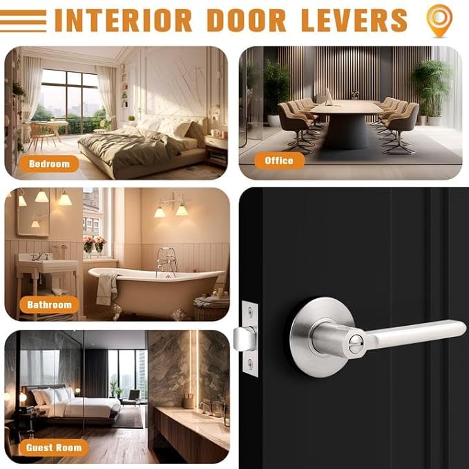 Probrico Interior Brushed Nickel Door Handle, Slim Handed Privacy Door Handles, Keyless Door Levers Lockset for Bedroom and Bathroom (8 Pack, Modern)