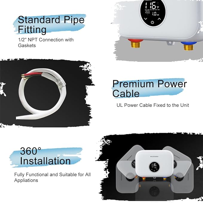 Tankless Water Heater Electric, ECOTOUCH 6kW 240V Point of Use Water Heater on Demand Water Heaters Instant Hot Water Heaters ETL Certificated Self-modulation ECO60SE White