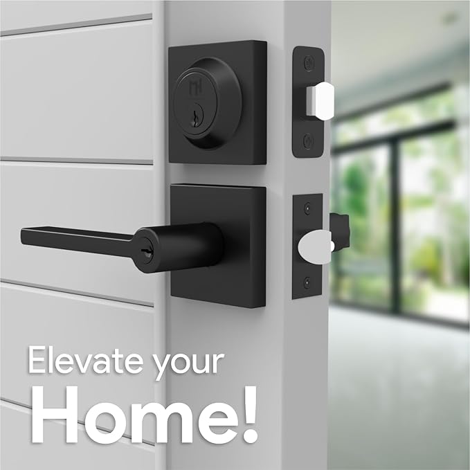 Mega Handles Prime Entrance Combo, Entry Lever Door Handle and Single Cylinder Deadbolt Lock and Key Combo Pack, Heavy Duty Square Locking Door Levers Set for Left or Right-Handed Doors - Matte Black