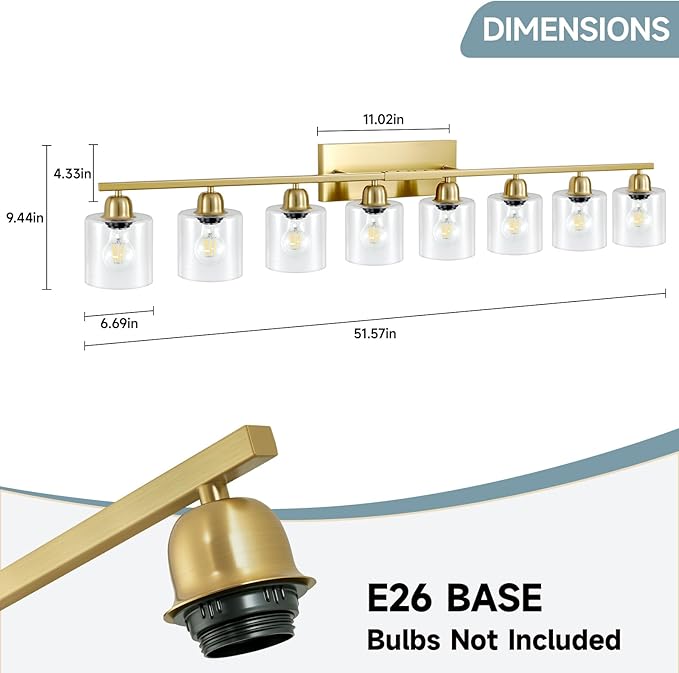 Modern Brushed Gold 8 Light Bathroom Light Fixtures, 52 inch Vanity Lights for Bathroom with Clear Glass for Mirror Kitchen Living Room Hallway Cabinet Porch