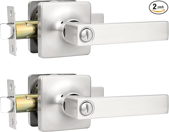 GOBEKOR 2 Pack Keyless Privacy Lever Door Handles Brushed Nickel Square Door Levers Bedroom Door Handle with Lock Straight Door Levers