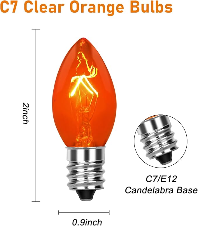 25 Pack C7 Replacement Bulbs, C7 Clear Orange Light Bulbs, C7/E12 Candelabra Base, Orange Halloween Light for Outdoor String Lights Christmas Halloween Patio Party