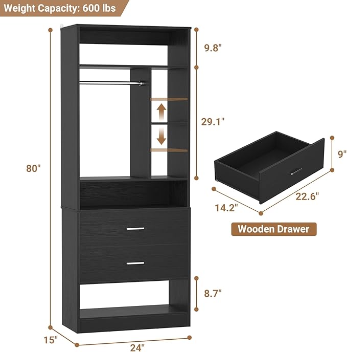 Freestanding 24" Closet System with 2 Wood Drawers, 2FT Small Closet Organizer System with 6 Shelves & Hanging Rod, Walk-in Closet Systems for Small Closets, Black (24"L x 15"W x 80"H)
