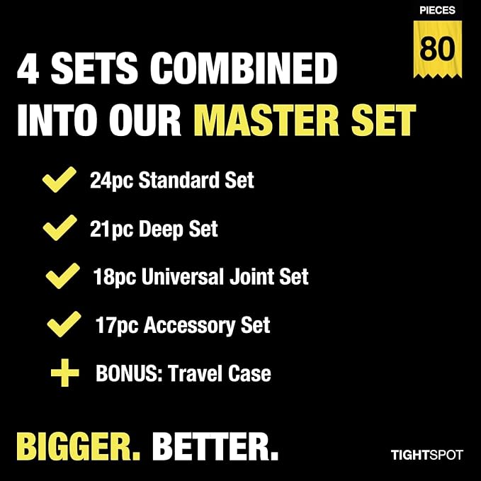 TIGHTSPOT 1/4" Drive 80pc Impact Socket MASTER SET, our Most Complete Set Ever with SAE & Metric from 3/16 Inch - 9/16 Inch, 4mm - 15mm, Standard/Deep/Universal & Torx & Inverted Torx Sockets & More