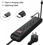 4-Outlet 6.5Ft Long Cord 2500W Power Strip Build-in Charging Cable and2 Type C (PD 23W) & USB (QC 3.0 5V3A) Fast Charging Ports Black