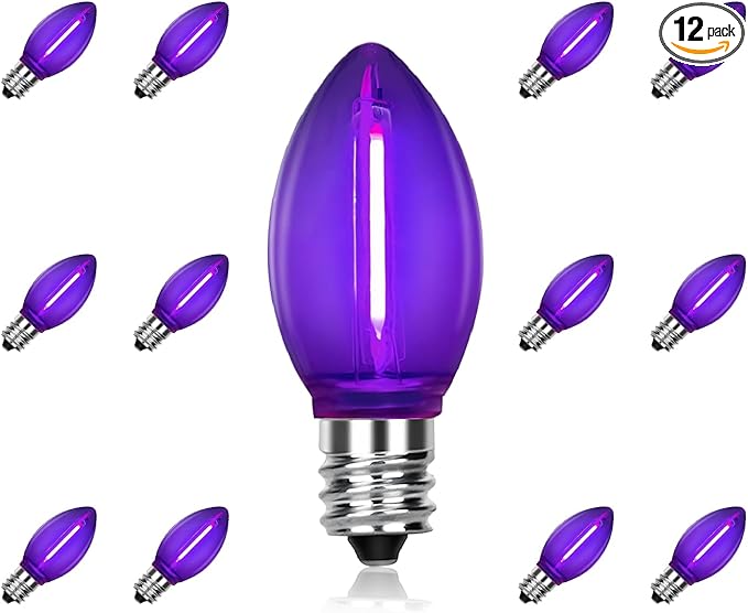 C7 Halloween Light Replacement Bulbs, Led Clear Purple Light Bulbs, 0.6 W C7 Bulb E12 Candelabra Base for Christmas Thanksgiving Xmas Tree Holiday Patio Outdoor String Lights Decor -12 Pack