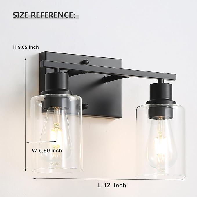 EMONG 2-Lights Bathroom Light Fixtures, Matte Black Vanity Light with Glass Shade, Modern Wall Sconces Lighting for Bathroom,Mirror,Farmhouse,Hallway