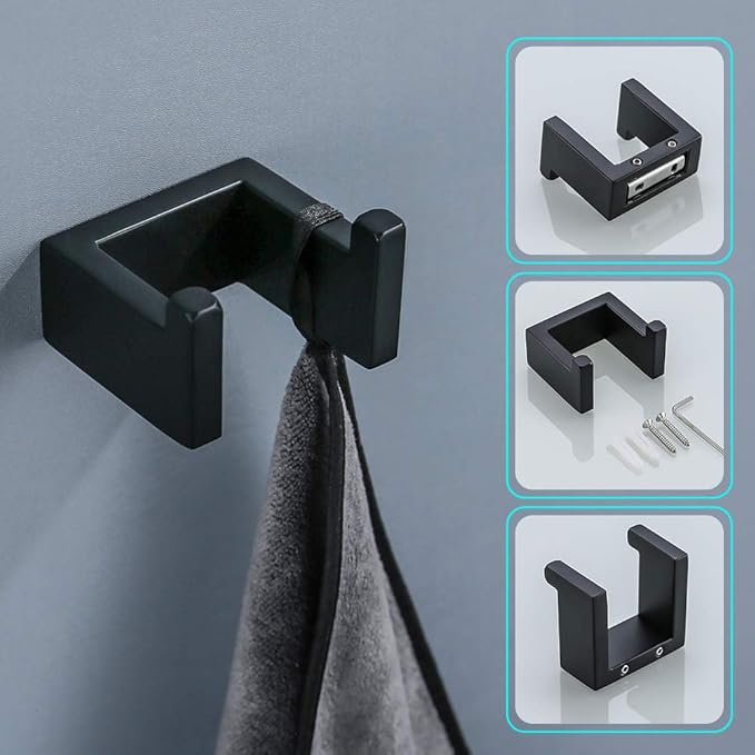 TNOMS 4 Pieces Bathroom Hardware Accessories Set Black Towel Bar Towel Holder Robe Hook Toilet Paper Holder Stainless Steel,Q8-P4BK