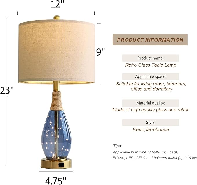 OYEARS 23" Table Lamps for Living Room Set of 2 Bedside Lamps for Night Stands Bedroom Lamps Farmhouse Rattan Boho Lamp Glass Nightlight End Table Lamp with USB C+A (Blue),Two Light Points