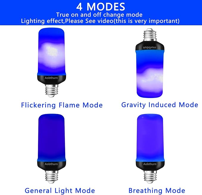 Flame Light Bulbs, 4 Modes LED Flame Effect Light Bulb, E26 Base Flickering Light Bulb with Gravity Sensor,Flickering Light Bulbs Halloween Home Party (Blue-2 Pack)