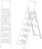 GameGem Step Ladder 6 Step Folding, Aluminum Ladders for High Ceilings, Tall Closet, Cabinet, 6 ft Lightweight Step Ladder with Anti-Slip Foot for Home Use, 330Lbs Load, White