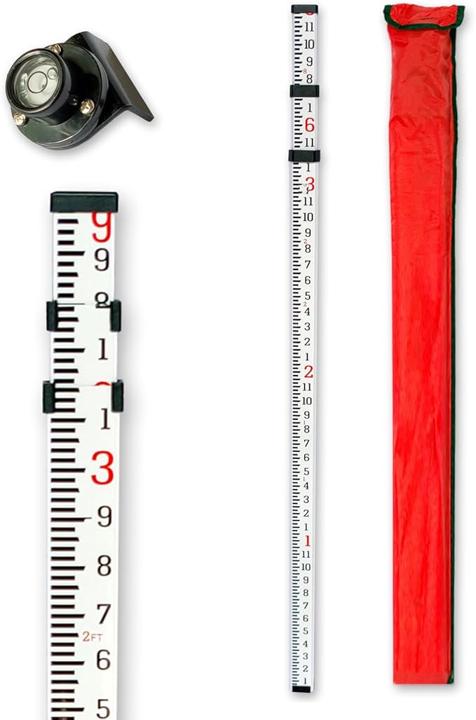 Grade Stick 9-Foot Aluminum Grade Rod - 10ths，Grade Rod，Grade Stick for Laser Level，Survey Rod，Grade Rods，Survey Pole，With Bubble Level, 3-Stage Telescopic，Double-Sided Scale Telescopic Leveling Rod