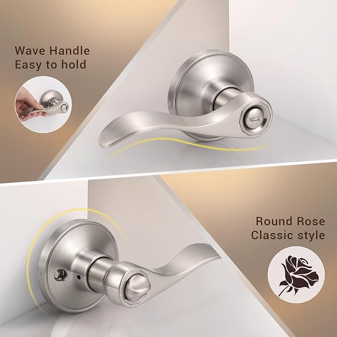 Knobonly 6 Pack Satin Nickel Privacy Door Levers Interior Door Handles for Bedroom and Bathroom Door Knobs Keyless Privacy Door Handles with Lock, Zinc Alloy Reversible for Right/Left