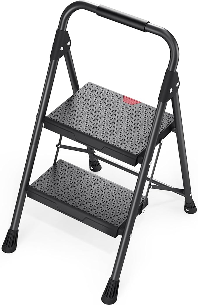 KINGRACK Step Ladder, Portable Folding Step Stool with Anti-Slip Wide Pedals, Heavy Sturdy Steel with Handrail, Safe-Lock Design, 800lbs Load Capacity, for Home and Kitchen, Black (2 Step Ladder)
