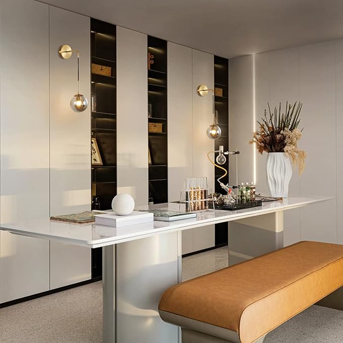 KCO Lighting Modern Glass Globe Wall Sconce Minimalist Gold Wall Mounted Sconce Light with Smoke Grey Lampshade Round Wall Lamp for Bathroom Mirror Bedroom (Smoke Grey-2PC)