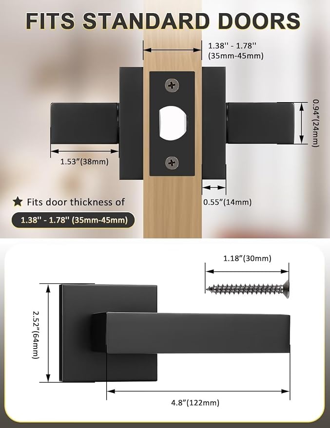 6 Pack Square Black Door Handles Interior, No Lock Passage Door Lever for Left or Right Handing, Heavy Duty Matte Black Closet Door Handle Sets