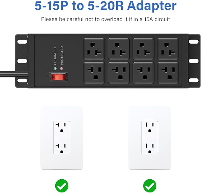 CCCEI Black Heavy Duty Power Strip Surge Protector 20 AMP, 8 Outlets 12 Gauge Industrial Shop Garage Metal Multiple Outlets, 10 FT Extension Cord 5-15P Adapter High Amp 6-20R T-Slot 20a for Appliance