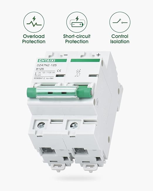 12V-110V DC Miniature Circuit Breaker, 100 Amp 2 Pole Battery Breaker Protector for Solar PV System and RV, Thermal Magnetic Trip, DIN Rail Mount, High Current DC Disconnect Switch MCB 2P B100