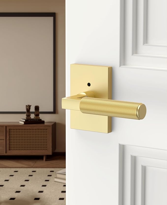 Asidrama 6 Pack Brushed Gold Privacy Door Handles, Door Lever with Door Knobs Indoor for Bedroom or Bathroom, Heavy Duty Door Handles Interior with Locks for Left Right Sided Doors