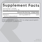 Sports Research Vitamin D3 5000 IU with Coconut MCT Oil - High Potency Vitamin D Supplement for Immune & Bone Support - Non-GMO Verified, Gluten & Soy Free – 125mcg, 30 Liquid Softgels