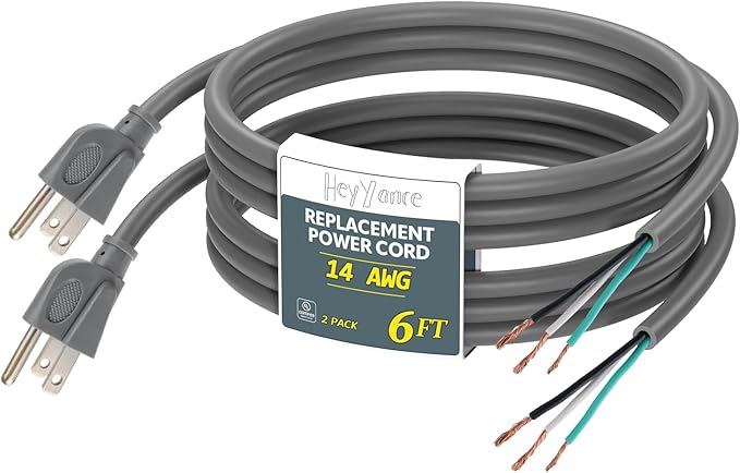 2 Pack 6 ft 14/3C SJTW Appliance and Power Tool Cord, 14 Gauge 3 Prong Heavy Duty Replacement Power Supply Cord Cable, 110V 115V 120V AC Pigtail, 15A, 1875w