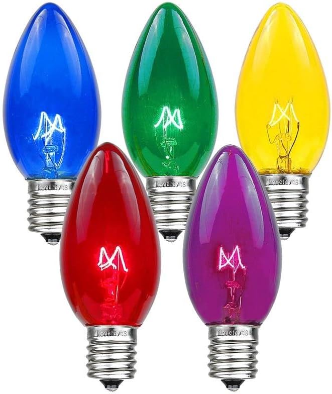 Novelty Lights Incandescent Replacement Bulbs - Outdoor Individual Bulbs for Events, Holiday Parties, Patios, and More - C7/E12 Candelabra Base, 5 Watt Lights (Multicolor, 25 Pack)