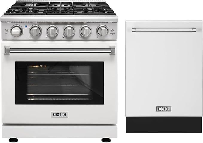 30 inch Freestanding Natural Gas Range or Liquid Propane Gas Range with 5 Burners, Large Capacity 24 inch Top Control Built-In Dishwasher with Third Rack, in Stainless Steel (White)