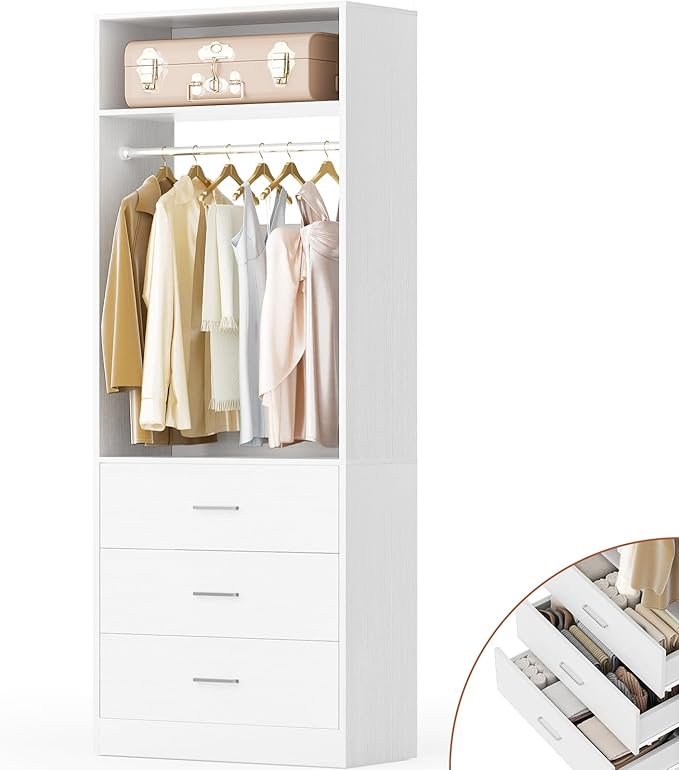 Freestanding 2FT Closet System with 3 Wood Drawers, 24" Closet Organizer System with Hanging Rod & Shelves, Walk-in Closet Systems for Small Closets, White (24"L x 15" W x 80" H)